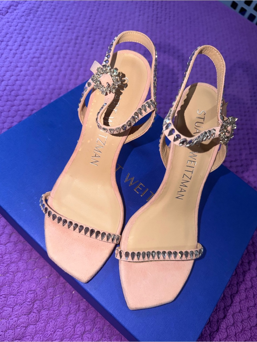 NIB Stuart Weitzman Crystal Embellished Pink Suede Stiletto Sandals Heels